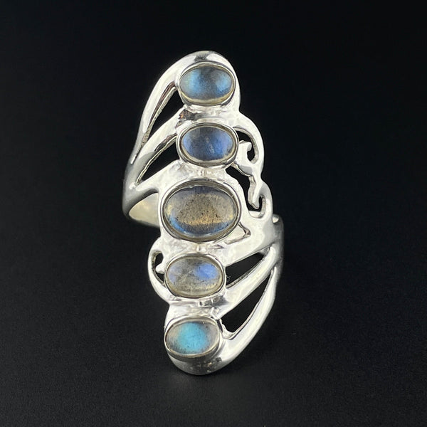 Vintage Blue Moonstone Silver Five Stone Statement Ring, Sz 7 - Boylerpf