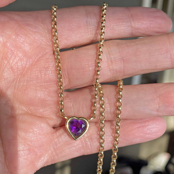 Vintage 14K Gold Amethyst Heart Necklace, Rolo Chain - Boylerpf