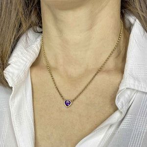 Vintage 14K Gold Amethyst Heart Necklace, Rolo Chain - Boylerpf