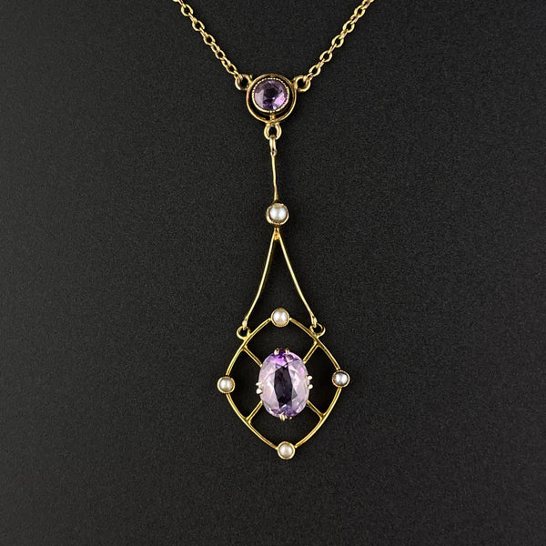 Gold Pearl Amethyst Lavalier Pendant Necklace - Boylerpf