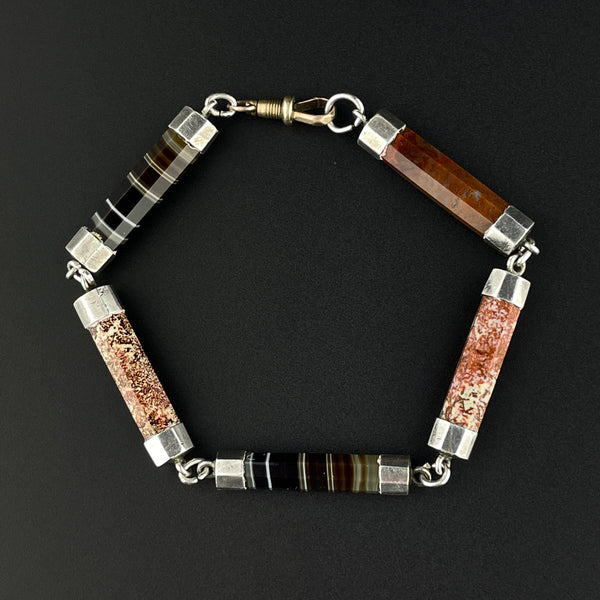 Antique Silver Scottish Banded Agate Link Bracelet - Boylerpf