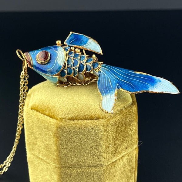 Gold Vermeil Blue Enamel Articulated Fish Pendant Necklace - Boylerpf
