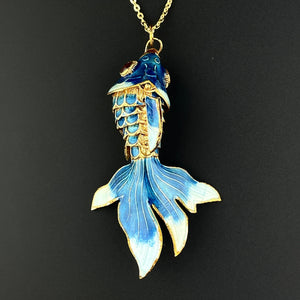 Gold Vermeil Blue Enamel Articulated Fish Pendant Necklace - Boylerpf