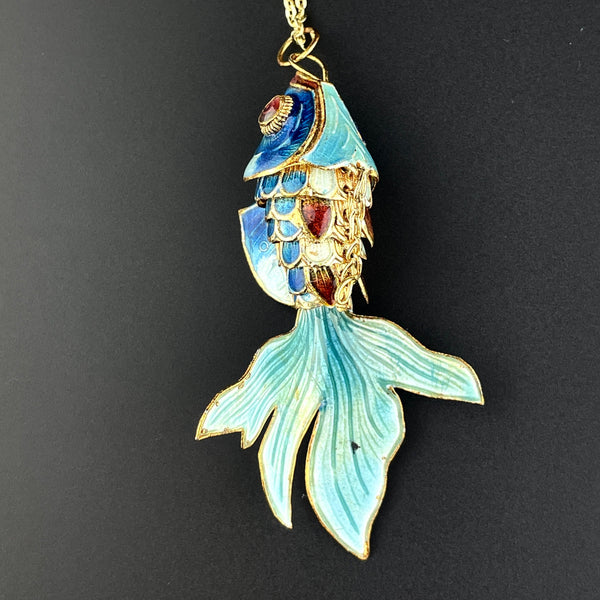 Gold Vermeil Blue Enamel Articulated Fish Pendant Necklace - Boylerpf