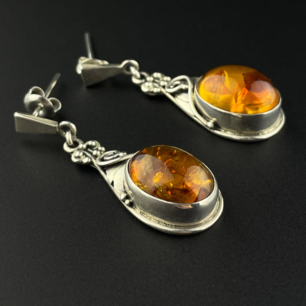 Arts and Crafts Style Silver Baltic Amber Earrings - Boylerpf