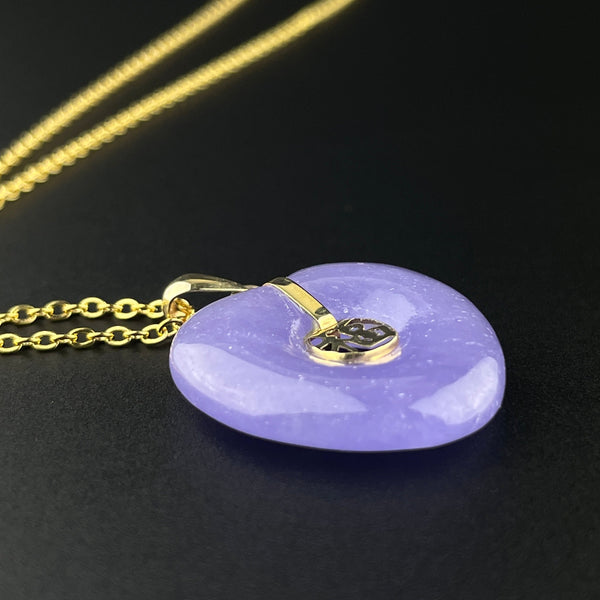 14K Gold Carved Lavender Jade Heart Pendant Necklace - Boylerpf