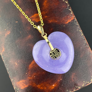 14K Gold Carved Lavender Jade Heart Pendant Necklace - Boylerpf