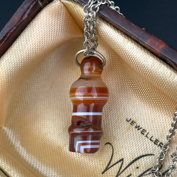 Antique Victorian Banded Agate Working Whistle Pendant Necklace - Boylerpf