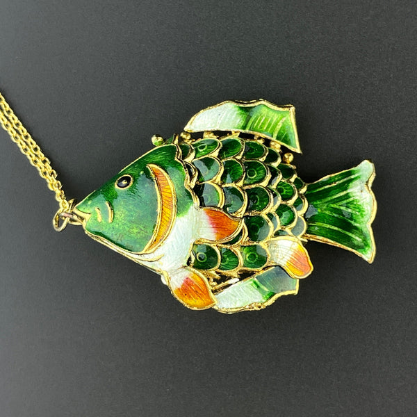 Vintage Sterling Silver Gold Gilt Enamel Sun Fish Pendant Necklace - Boylerpf