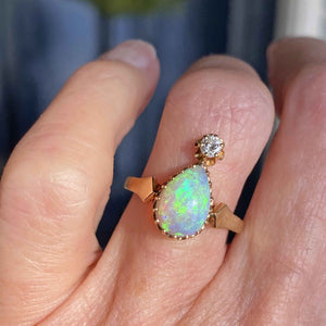 Antique Diamond Pear Cabochon Opal Ring in 14K Gold - Boylerpf