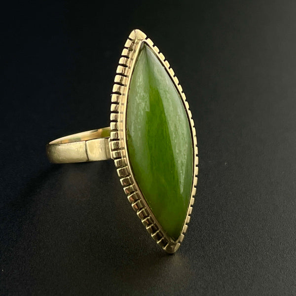 14K Gold Victorian Style Jade Navette Ring, Sz 7 - Boylerpf