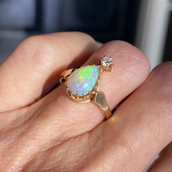 Antique Diamond Pear Cabochon Opal Ring in 14K Gold - Boylerpf