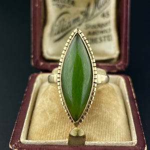 14K Gold Victorian Style Jade Navette Ring, Sz 7 - Boylerpf