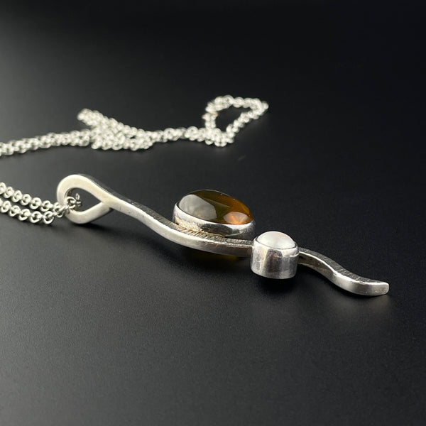 Vintage Silver Amber Pearl Pendant Necklace - Boylerpf