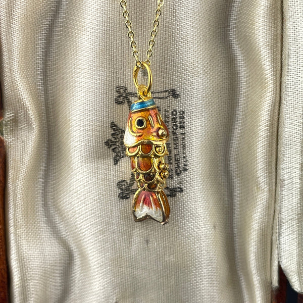 Vintage Small Orange Enamel Koi Fish Pendant Necklace - Boylerpf