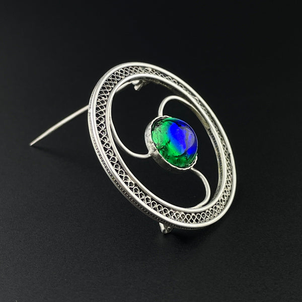 Art Deco Silver Peacock Eye Brooch Pin - Boylerpf