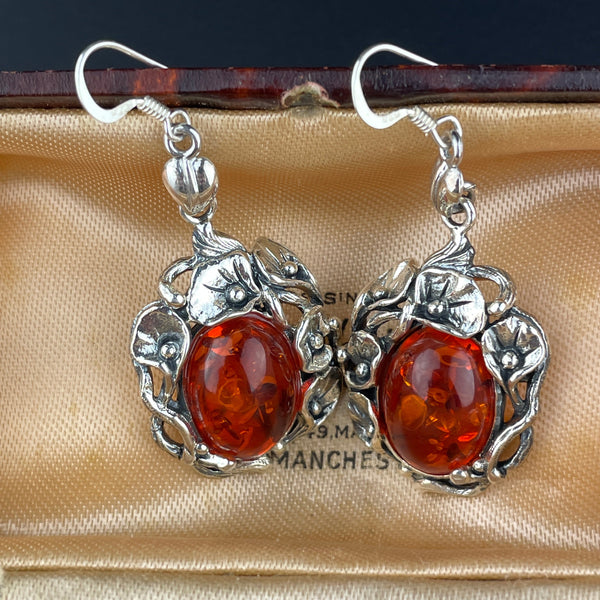 Arts and Crafts Style Silver Floral Baltic Amber Earrings - Boylerpf