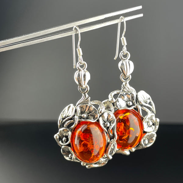 Arts and Crafts Style Silver Floral Baltic Amber Earrings - Boylerpf