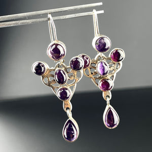 Silver Art Nouveau Style Amethyst Long Dangle Earrings - Boylerpf