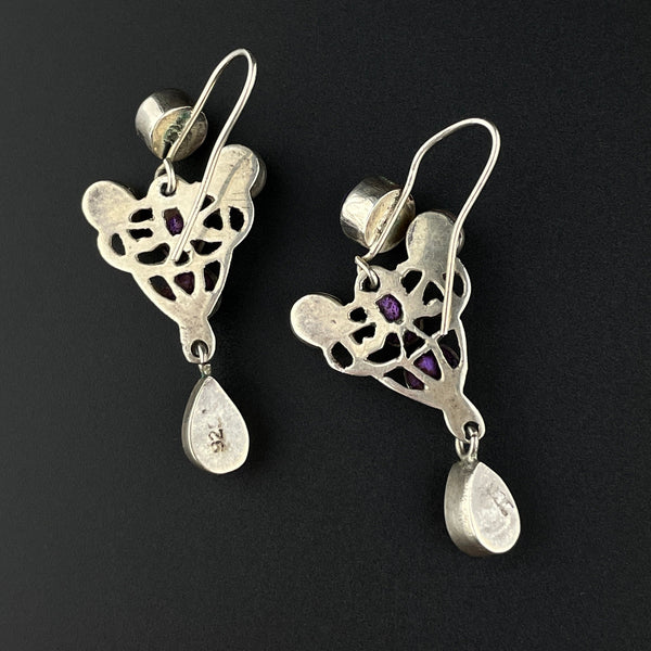 Silver Art Nouveau Style Amethyst Long Dangle Earrings - Boylerpf