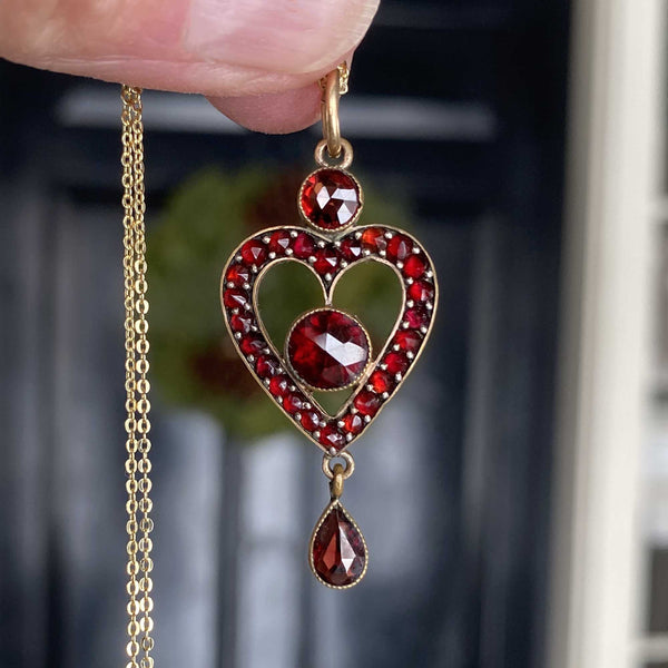 Antique Bohemian Garnet Heart Lavalier Pendant - Boylerpf