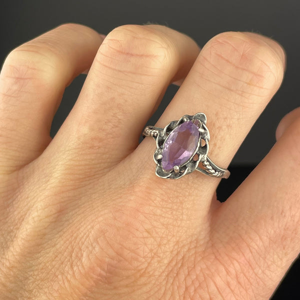 Arts and Crafts Style Silver Rope Amethyst Statement Ring - Boylerpf