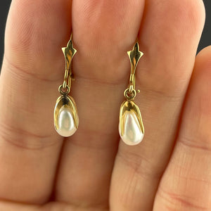 Vintage Art Deco Style 14K Gold Pearl Dangle Earrings - Boylerpf