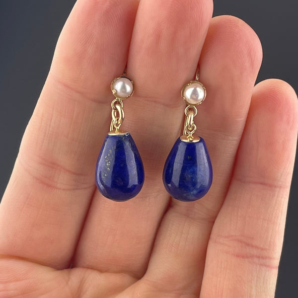 Vintage Gold Lapis Lazuli Pearl Dangle Drop Earrings - Boylerpf