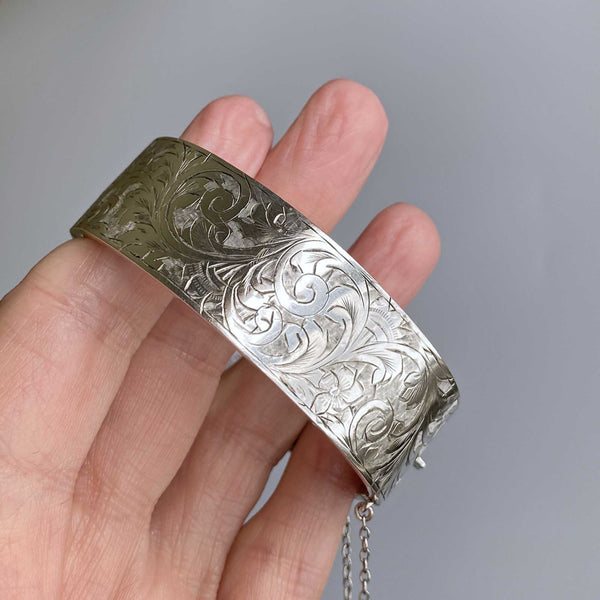 Antique Engraved Sterling Silver Bangle Bracelet - Boylerpf
