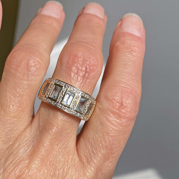 Wide Band Diamond Aquamarine Ring in 14K Gold - Boylerpf