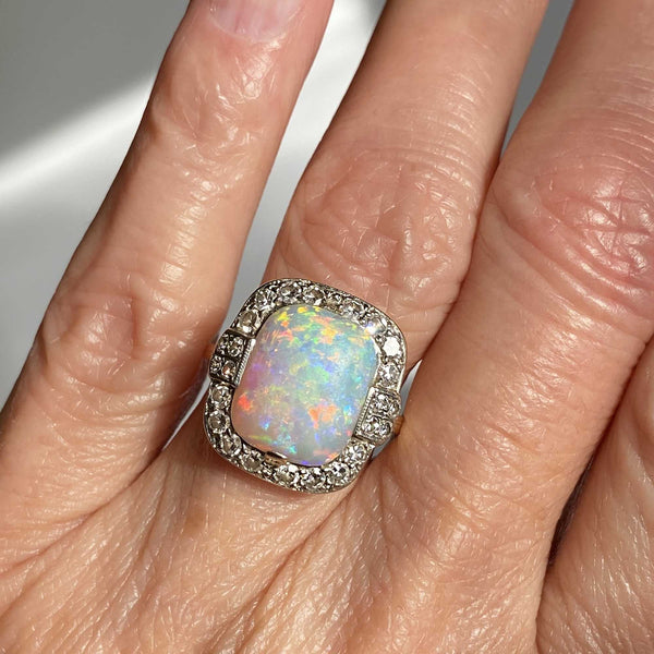 Antique Diamond Halo Opal Ring in Platinum & 14K Gold - Boylerpf