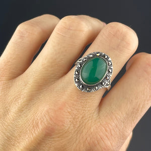 Silver Chrysoprase Marcasite Statement Ring, Sz 7.25 - Boylerpf