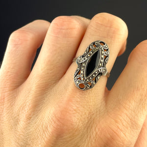 Vintage Silver Onyx Marcasite Statement Ring, Sz 6.5 - Boylerpf