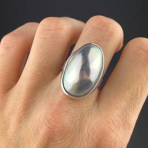 Vintage Silver Gray Pearl Statement Ring, Sz 7 - Boylerpf