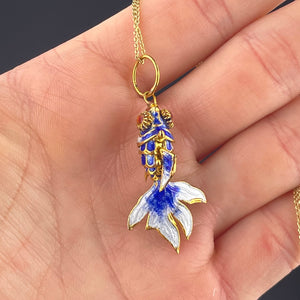 Vintage Gold Vermeil Blue Enamel Articulated Fish Pendant Necklace - Boylerpf