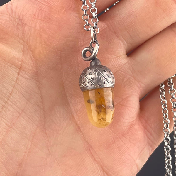 Vintage Silver Honey Agate Acorn Pendant Necklace - Boylerpf