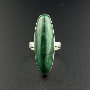 Vintage Silver Malachite Long Marquise Cabochon Ring - Boylerpf