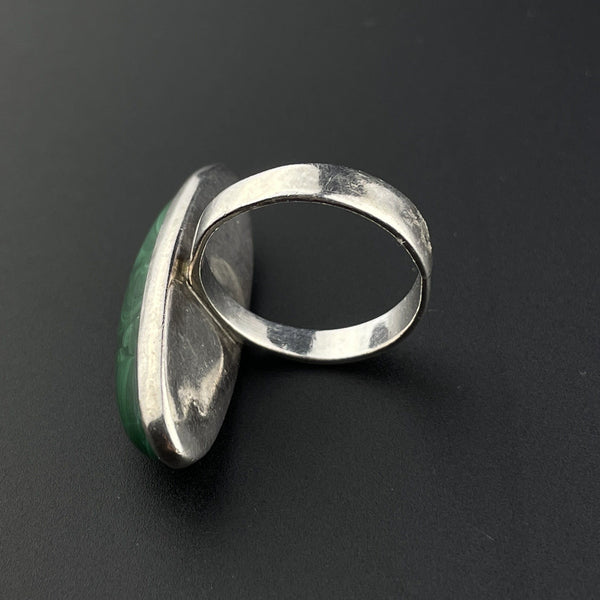 Vintage Silver Malachite Long Marquise Cabochon Ring - Boylerpf