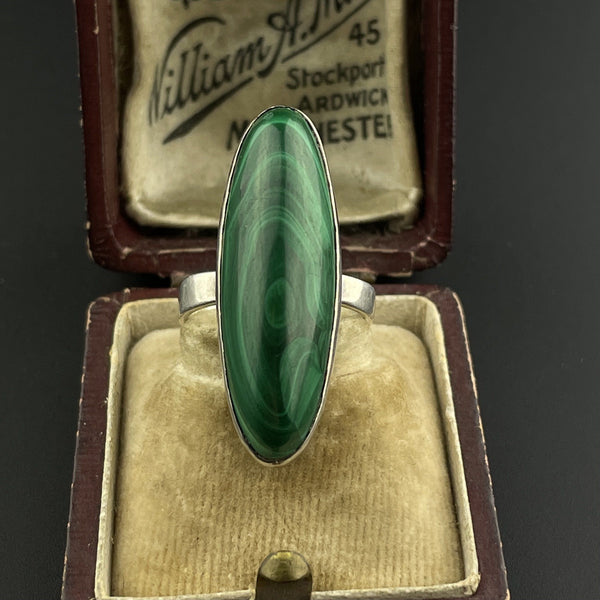 Vintage Silver Malachite Long Marquise Cabochon Ring - Boylerpf