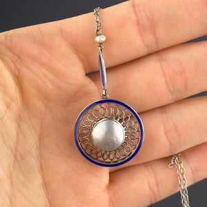 Art Deco Silver Blister Blue Enamel Baroque Pearl Pendant Necklace - Boylerpf