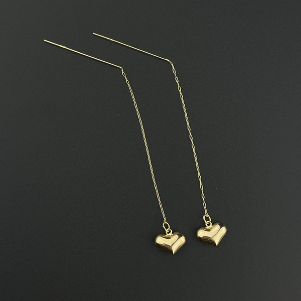 Puffy Heart Dangle 14K Gold Threader Earrings - Boylerpf