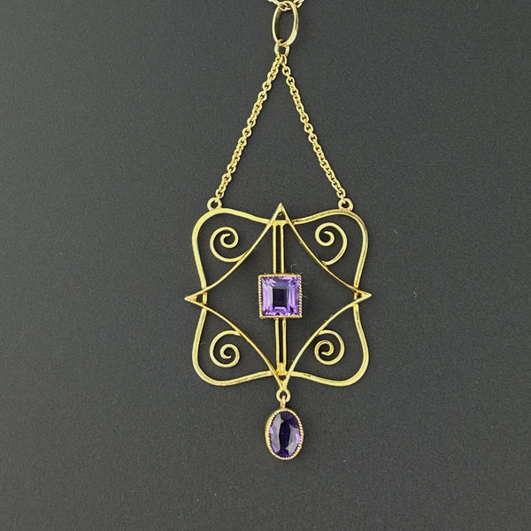 Antique Art Nouveau Gold Amethyst Lavaliere Pendant Necklace - Boylerpf
