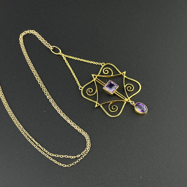Antique Art Nouveau Gold Amethyst Lavaliere Pendant Necklace - Boylerpf
