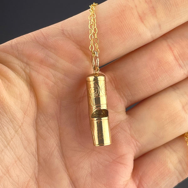 Antique Gold Engraved Working Whistle Pendant Necklace - Boylerpf