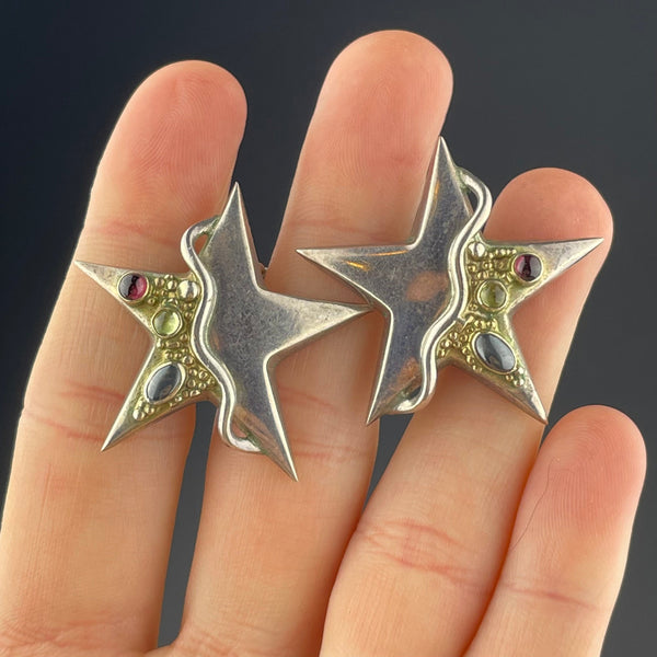 Vintage Multi Gemstone Silver Star Earrings - Boylerpf