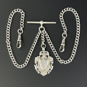 Edwardian Silver Shield Double Albert Pocket Watch Chain - Boylerpf