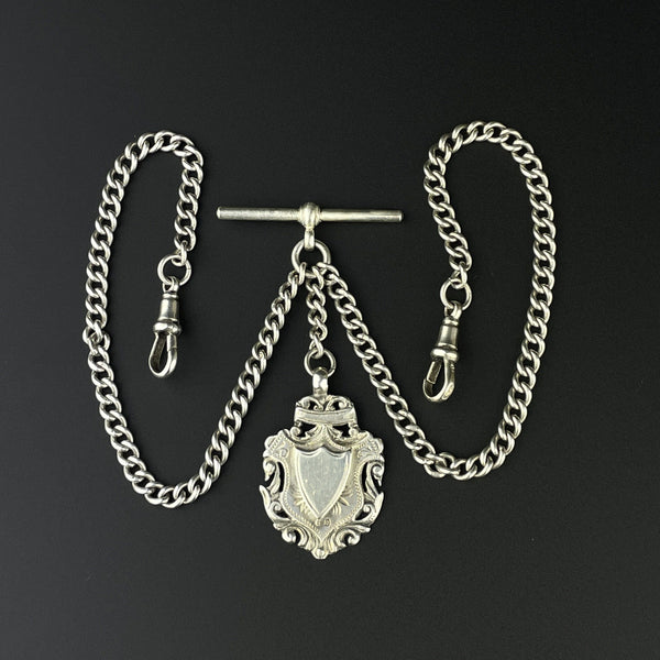 Edwardian Silver Shield Double Albert Pocket Watch Chain - Boylerpf