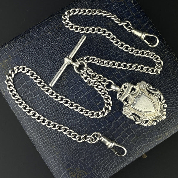 Edwardian Silver Shield Double Albert Pocket Watch Chain - Boylerpf