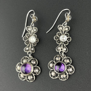 Vintage Pearl Amethyst Art Nouveau Style Drop Earrings - Boylerpf