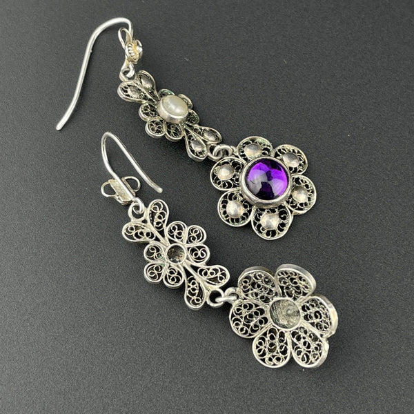 Vintage Pearl Amethyst Art Nouveau Style Drop Earrings - Boylerpf